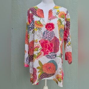 DOLMA Garden 100% Cotton Floral Side Slits Women's Tunic Dress Size XL